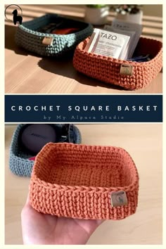 the crochet square basket is made from yarn and has two compartments for small items