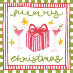 a christmas card with a gift box and two martinis on the front, in green and red stripes