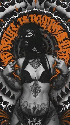 a woman with tattoos on her stomach and chest in front of an orange background,