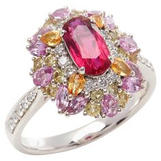 This ring designed by David Jerome is from his private collection and features one oval cut Ruby sourced in Mozambique totalling 1.15cts. Set with a mix of round brilliant cut Diamonds, green, pink and yellow Sapphires totalling 2.01cts combined. Mounted in platinum. Ring size UK N, EU size 54, USA size 6 1/2. David prides himself in only sourcing the finest and most exclusive gemstones whose natural beauty and colour enhance the settings he creates for each piece. These exclusive designs offer buyers a unique opportunity to own the kind of jewellery usually reserved for the finest and most exclusive brands in the world. A real legacy for the future. Alligator Jewelry, Female Rings, Mozambique Ruby, Sapphire Cluster Ring, Argentium Silver Jewelry, Real Diamond Necklace, Yellow Sapphire Rings, Cluster Rings, Contemporary Ring