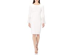 Calvin Klein Women's Solid Sheath with Chiffon Bell Sleeves Dress - Women's Dress : Cream 3 : The Calvin Klein Solid Sheath with Chiffon Bell Sleeves Dress is perfect for the office or date night. Exposed zip-back closure. Long sleeve with sheer bell detail. Round neckline. Straight sheath silhouette. 94% polyester, 6% spandex. Dry clean. Imported. Calvin Klein Knee-length Work Dresses, Calvin Klein Chic Sheath Mini Dress, Calvin Klein Belted Knee-length Dress, Calvin Klein White Sheath Midi Dress, Calvin Klein White Sheath Dress, Work Dresses For Women, Exposed Zipper, Calvin Klein Dress, Calvin Klein Woman