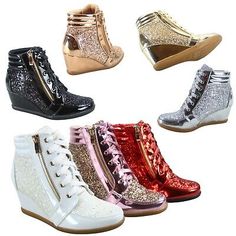 Women's Shiny Patent Glitter Ankle Wedge Lace UP  Party Sneaker Booties Shoes  | eBay Heels For Fall, Shoe Hacks, Shoes Hack, Booties Shoes, Up Party, Lace Up Wedges, Girly Accessories, Glitter Shoes, Shopping Ideas