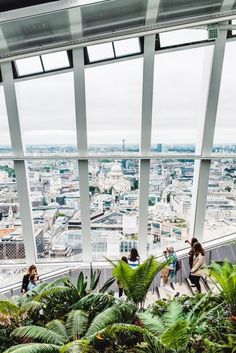 people are walking up and down the stairs in an observation area with plants on either side