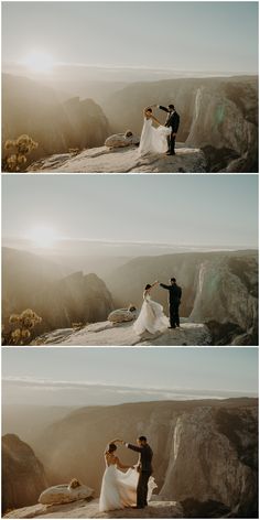 the bride and groom are standing on top of a mountain