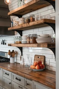 a kitchen with open shelving and wooden counter tops