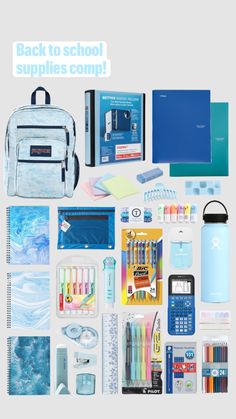 the back to school supplies comp is shown in blue and white, including pens, markers