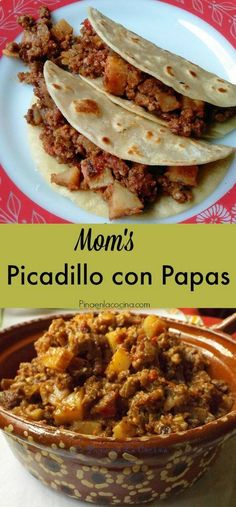 some tacos are sitting in a bowl on a table with the words mom's picadillo con papas