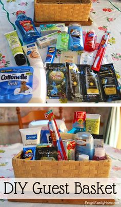 two baskets filled with toiletries and cleaning products sitting on top of a bed next to each other