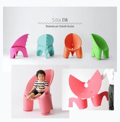 children's furniture designed to look like an elephant, with different colors and shapes