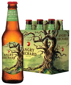 an empty beer bottle and six bottles of angry orchard