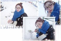 two pictures of a woman wearing winter clothes and scarfs in the snow with her hand on her face