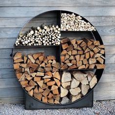 a round metal plate with logs on it