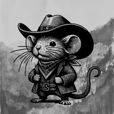 a black and white drawing of a mouse wearing a cowboy hat, holding a lasso