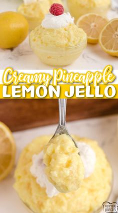 a lemon jello dessert with whipped cream on top and the title overlay reads creamy pineapple lemon jello