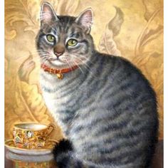 a painting of a cat sitting on top of a table next to a cup and saucer