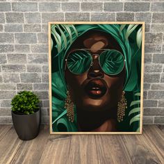 a painting of a woman with green leaves on her head and sunglasses in front of a brick wall