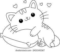 a cute cat hugging a pillow with hearts on it