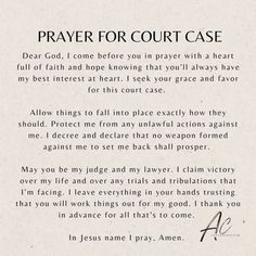 an old paper with the words prayer for court case