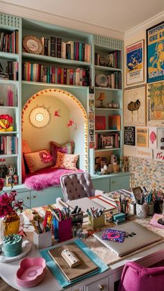 a desk with lots of books on it in front of a bookcase filled with books