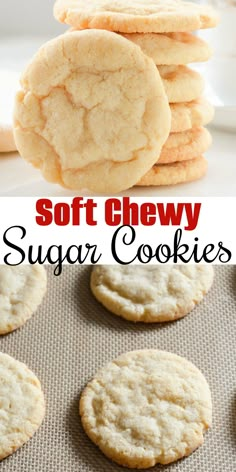 soft chewy sugar cookies are stacked on top of each other and in the middle