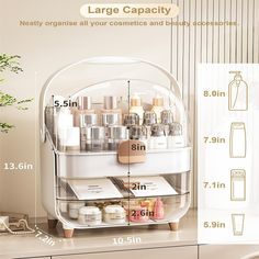 the contents of a large cosmetic case are labeled with numbers and measurements for each product