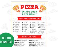 a pizza party sign with the words, what's your pizza name?