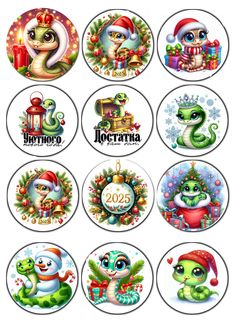 six christmas stickers with cartoon characters on them