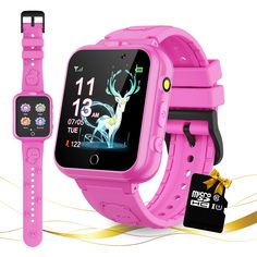 the children's smart watch is pink and has a strap around it, with a tag