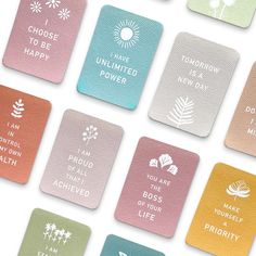 six coasters with different types of flowers and sayings on them, all in pastel colors