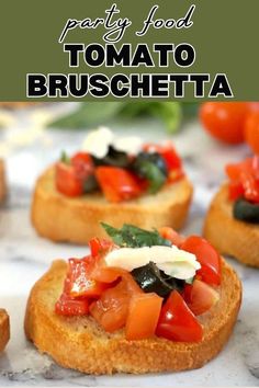 2 slices of bruschetta topped with chopped tomatoes, olives, parmesan and basil. Italian Bruschetta Recipe, Tomato Bruschetta Recipe, Italian Bruschetta, Starter Dishes, Italian Appetizer, Best Party Appetizers, Tomato Bruschetta, Bruschetta Recipe, Must Have Kitchen Gadgets