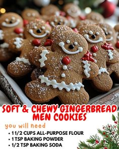 an advertisement for soft and chewy gingerbread men cookies on a platter with christmas decorations