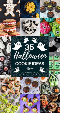 a collage of halloween cookies with the words 35 halloween cookie ideas