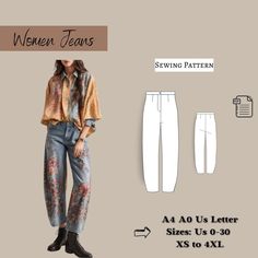 Women Jeans Sewing Pattern  in PDF format, offering various size options. Size options include US Sizes from 2 to 30 and Standard Sizes from XS to 4XL, suitable for A4, A0, and US Letter size papers. Upon payment processing, receive automatic download links for the pattern files. Note that this is a digital product, not a finished item; you will receive zip files comprising both patterns and sewing instructions. Don't hesitate to contact me with any questions or concerns! Happy Sewing! :) Jeans Sewing Pattern, Jeans Sewing, Jeans Pattern, Peg Leg, Pants Sewing, Disco Pants, Hippie Pants, Pants Sewing Pattern, Payment Processing