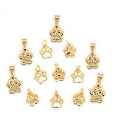 gold plated dog charms with paw prints and hearts on the front, set of 10