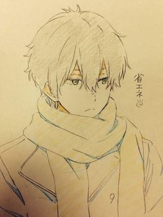 a drawing of an anime character with a scarf around his neck, and the caption reads