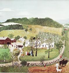 a painting of a farm scene with horses and people on the road leading to houses