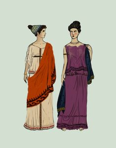 two women dressed in ancient greek clothing, one wearing a dress and the other with a hat