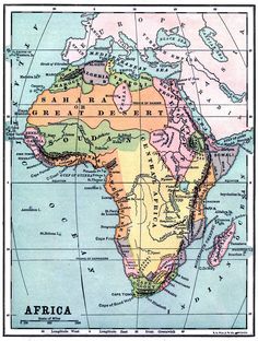 an old map of africa with all the countries and their major cities on it's sides