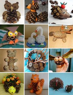 many different pictures of pine cones with animals and birds made out of them, one has an owl on it