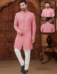 Pink Kurta Lucknowie Trouser Pink Kurta Pajama Men, Pink Cotton Sherwani With Resham Embroidery, Pink Sherwani With Dabka Work, Fitted Pink Sherwani With Dabka Work, Pink Fitted Sherwani With Dabka Work, Pink Long Sleeve Sherwani With Dabka Work, Traditional Long Sleeve Pink Bandhgala, Traditional Pink Long Sleeve Bandhgala, Fitted Pink Bandhgala With Dabka Work