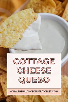 A close up shot of a tortilla chip dipped in cottage cheese queso with a text overlay that reads "cottage cheese queso". Cottage Cheese Queso Weight Watchers, Weight Watchers Cottage Cheese Queso Dip, Cottage Cheese Everything Bagel Dip, Weight Watchers Cottage Cheese Queso, Cottage Cheese Dorito Dip, Cottage Cheese Dipping Sauce, Protein Queso Cottage Cheese, Ww Queso Dip, Cottage Cheese Nutter Butter Dip