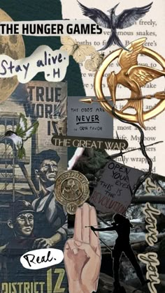 a collage of images with words and pictures on them, including two hands holding signs