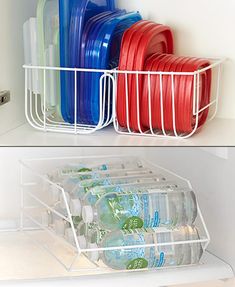 there are many cups and containers in the refrigerator together, but one is filled with water