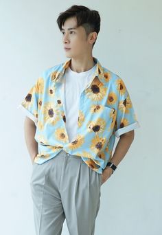 MEN'S Sunflower shirt sold by UZIP on Storenvy Pastel Aesthetic Outfit Men, Artsy Outfit Men, Queer Fashion Guys, Aesthetic Outfits Men, Sunflower Shirt, Pastel Outfit, Queer Fashion, 90s Fashion Outfits, Airplane Travel