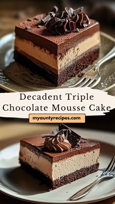 a piece of decadent triple chocolate mousse cake on a plate