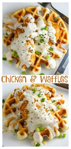 chicken and waffles with gravy on top are shown in this collage