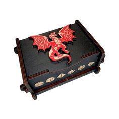 a wooden box with a red dragon on it