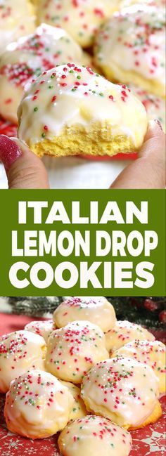 italian lemon drop cookies with white icing and sprinkles are on display