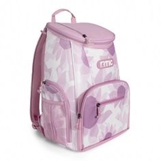 a pink and white backpack with purple flowers on the front, two zippers at the bottom