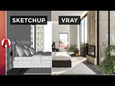 the interior of a bedroom is shown in three different stages, including sketching and rendering